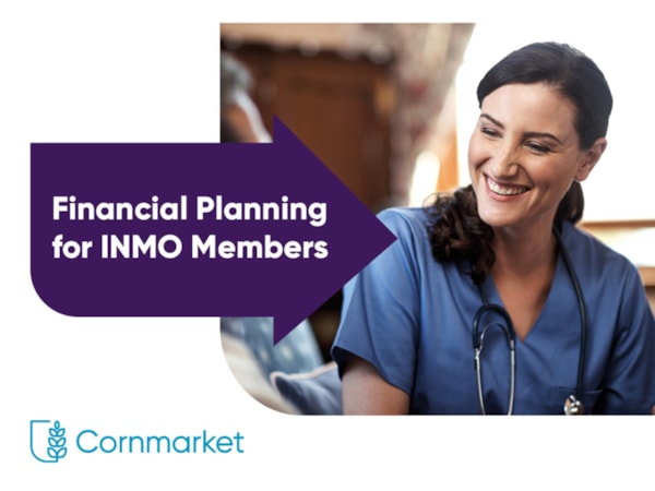 Nurse in scrubs with stethoscope around neck smiling at person out of shot. text says "Financial Planning for INMO members"